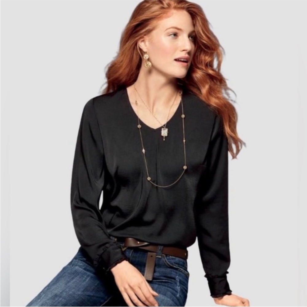 CAbi Basic Blouse Black Long Sleeve Ruffle Cuff Top Women’s Small #3599‎ NWOT
